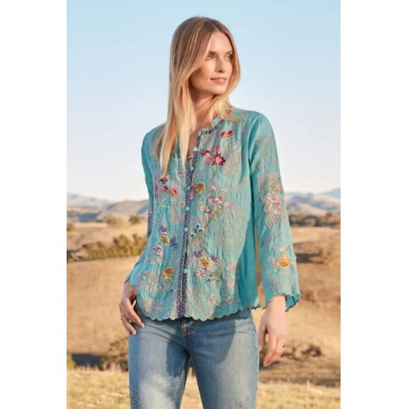 Johnny Was Allbee Blouse Marine Blue Long Shirt Flower Embroidery Top Large NEW - Picture 1 of 8